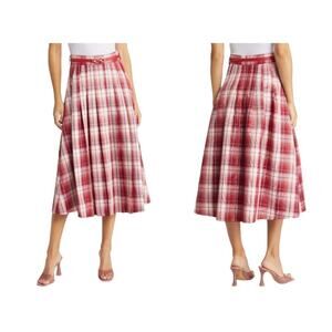 Nikki Lund Jess Red Plaid Pleat Belted Skirt Size XS $163 MSRP